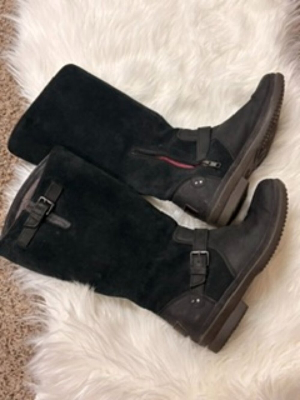 UGG Black Suede Tall Waterproof Boots with Buckles